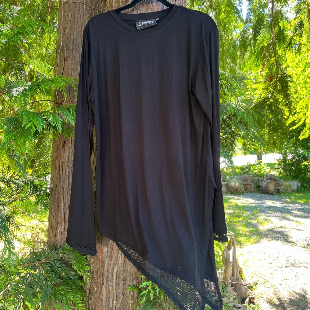 Killstar Soft Asymmetrical Black Long Sleeve Tee Fishnet Mesh Trim Tunic Shirt